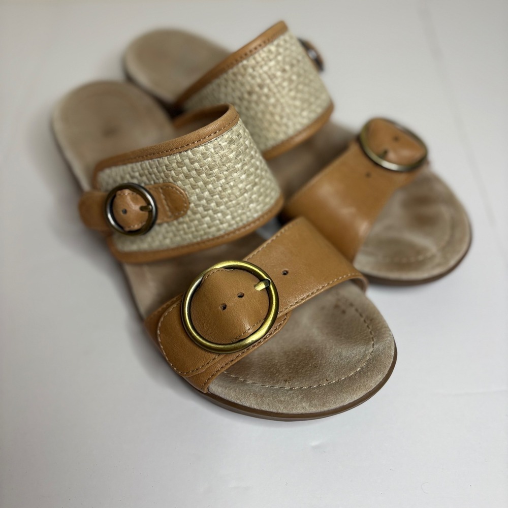 Dansko Lenny Tan Leather Straw Buckle Slide Sandals Size 37‎